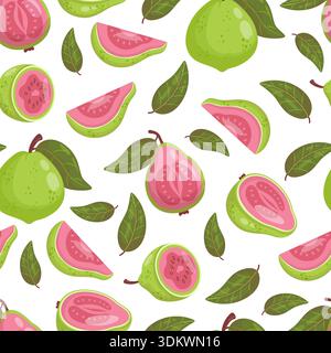 Seamless Pattern Pink Guava Fruit Tree on White Background with leaves. Vector illustration in cartoon flat style Stock Vector
