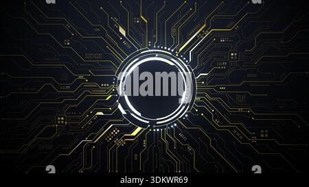 Golden circuit portal with electric wires on dark background Stock Vector