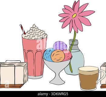 horizontal seamless border. hand drawn illustration. Vector graphic line ink colored art. Abstract Banner with ice cream, milkshake, coffee, napkin, f Stock Vector
