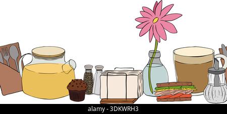 cafe interior horizontal seamless border. hand drawn illustration. Vector graphic line ink colored art. for cafe and restaurant interiors, menus, pack Stock Vector