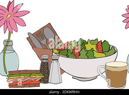 Salad, coffee, sandwich, fork, flower, cafe interior horizontal seamless border. hand drawn illustration. Vector graphic line ink colored art. for pac Stock Vector