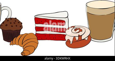 Bakery Pattern. Background with Baking Products and Utensils. horizontal seamless border. hand drawn illustration. Vector graphic line ink colored art Stock Vector