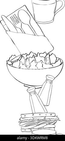 Salad, coffee, sandwich, fork, flower, cafe interior vertical seamless border. hand drawn illustration. Vector graphic line ink Black, white art. for Stock Vector