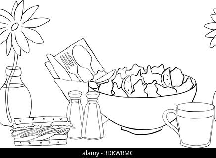 Salad, coffee, sandwich, fork, flower, cafe interior horizontal seamless border. hand drawn illustration. Vector graphic line ink Black, white art. fo Stock Vector