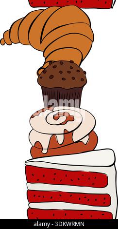 Bakery Pattern. Background with Baking Products and Utensils. vertical seamless border. hand drawn illustration. Vector graphic line ink colored art. Stock Vector