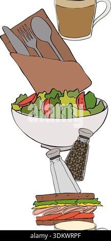 Salad, coffee, sandwich, fork, flower, cafe interior vertical seamless border. hand drawn illustration. Vector graphic line ink colored art. for packa Stock Vector