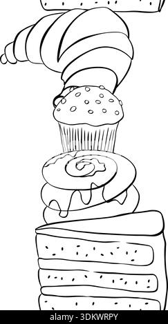 Bakery Pattern. Background with Baking Products and Utensils. vertical seamless border. hand drawn illustration. Vector graphic line ink Black, white Stock Vector