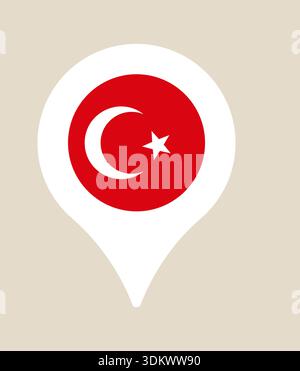 Turkish flag inside a white map pin icon marking a geographical location for national travel and patriotic concepts.. Stock Vector