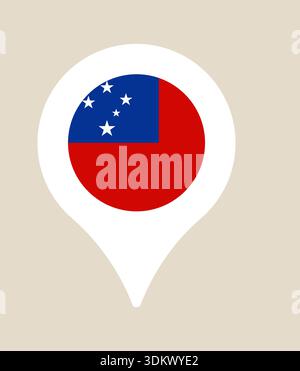 Samoa national flag within a white map pin icon, representing a travel destination location on a beige background.. Stock Vector