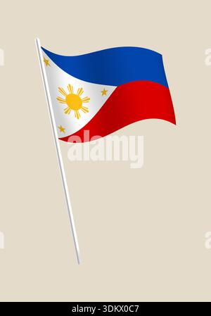 Philippine flag waving gracefully on a shiny flagpole, a detailed vector illustration representing national pride and patriotism.. Stock Vector