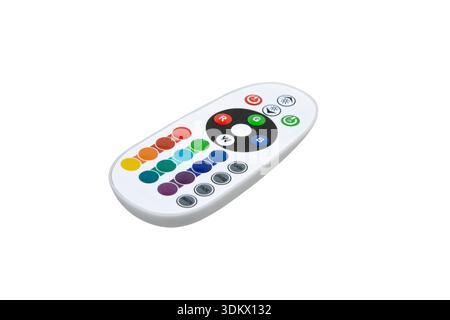 White RGB LED remote controller with colorful buttons isolated on a white background. Stock Photo