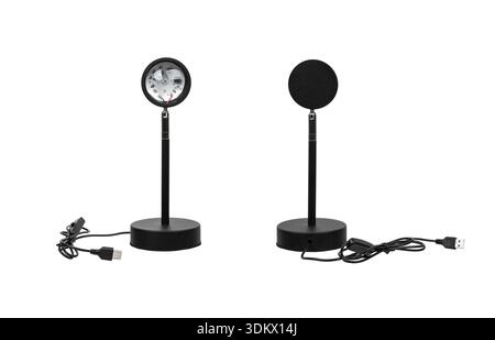Black adjustable sunset projection lamp with USB power cable isolated on white. Stock Photo