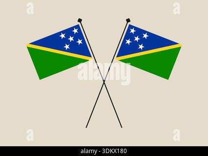 Two Solomon Islands national flags crossed on flagpoles, a symbolic vector icon for diplomacy and patriotism.. Stock Vector