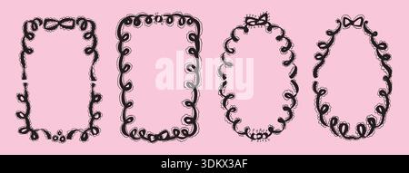 Bachelorette black lace whimsical frames. Coquette borders with bows set. Ribbon and lace squiggle menu cadre. Vector wedding frame isolated on pink b Stock Vector