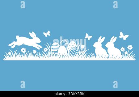 Easter banner with easter eggs and rabbit. Spring minimalist vector design.. Stock Vector