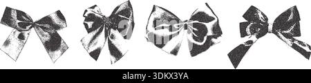 Photocopy vintage bow festive. Ribbon for giftboxes girly collage effect. Dotted stippling black grunge fun accessories elements. Vector y2k gritty re Stock Vector