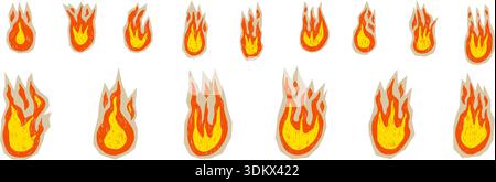 Hand-drawn fire cutouts icons with crayon texture. Doodle flames vector illustration set featuring rough textures and collage graphic elements for bol Stock Vector
