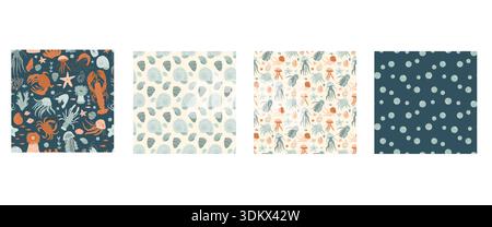 Shell, starfish and algae seamless pattern nautical collection. Barnacles and underwater life endless background set. Vector hand drawn flat coastal b Stock Vector