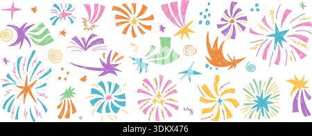 Playful hand-sketched celebration stars elements with colorful sparkles, confetti bursts, and festive patterns create a whimsical party atmosphere in Stock Vector