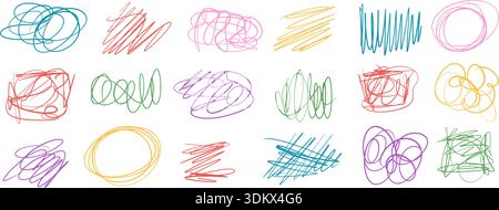 Colorful pen childish abstract doodles. Scribbles, kids naive expressive scratches set. Kindergarten lines, circles, spontaneously underlines and scra Stock Vector