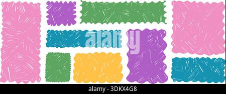 Wavy scalloped crayon rectangle frames. Geometric organic borders with playful wiggle edges. Funky colorful scallop decorative designs. Vector rectang Stock Vector