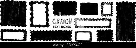 Whimsical scalloped geometric frames, text boxes. Wavy rough rectangles set. Square frame with wiggle edges. Grunge retro quote box hand-drawn texture Stock Vector
