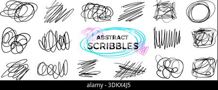 Ink pen chaotic abstract doodles. Scribbles, naive expressive scratches set. Tangled curved lines, circles, spontaneously scribble and scrawl. Vector Stock Vector