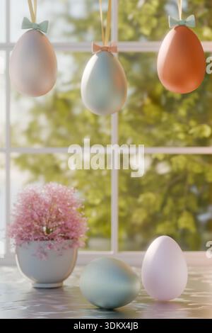 Pastel colored Easter eggs hung by ribbons and placed on a table with pink flowers by a window. 3d rendering Stock Photo