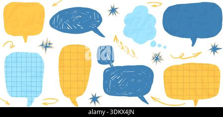 Crayon drawn and crumpled papers speech bubbles. Scrap dialogue balloons with chalk texture and math cutout stickers. Comic bubbles in blue, yellow co Stock Vector