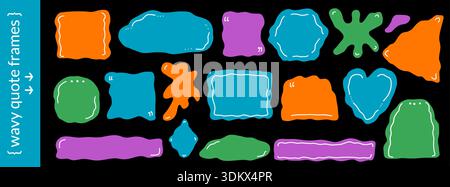 Colorful wavy organic geometric shapes. Oval, round, rectangle blanks with irregular edge frame and quote blocks doodle. Curvy uneven text box for abs Stock Vector