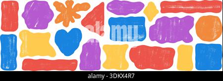 Crayon wavy heart, oval, rectangle shapes for kids design. Organic textured rhombus frames with a square and irregular block forms. Hand-drawn text bo Stock Vector
