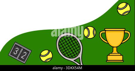 Vibrant tennis banner vector with trophy, balls, racket, and scoreboard Stock Vector