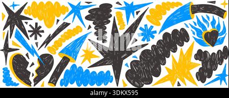 Crayon geometric shapes, abstract irregular figures. Charcoal arrow, freeform bob elements, stars and broken heart form. Scribble shape. Vector design Stock Vector