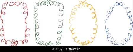 Doodle crayon whimsical frames. Coquette borders with bows set. Ribbon and lace squiggle naive pastel menu cadre. Vector wedding frame on white backgr Stock Vector