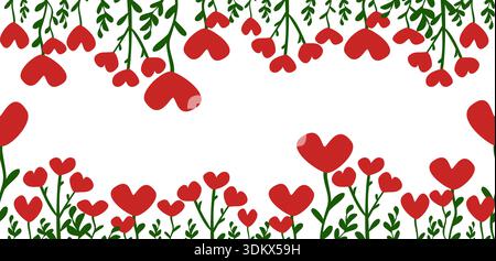 Red heart shaped flowers vector banner with green leaves on white background Stock Vector