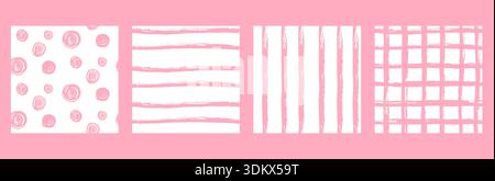 Pink seamless pattern collection. Baby line brush stroke, polka dots and gingham grid for a girly romantic pastel theme. Wavy abstract streak backdrop Stock Vector