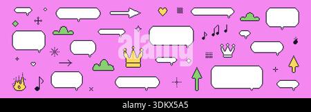 Pixel speech bubbles blanks. 8 bit y2k dialogue boxes set. Game childish pixel art chat text boxes with crown, music note, arrows. Vector talk frames Stock Vector