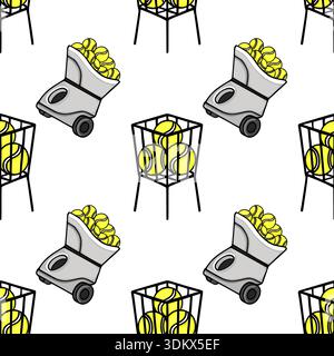 Seamless vector pattern of tennis balls in baskets and ball machines Stock Vector