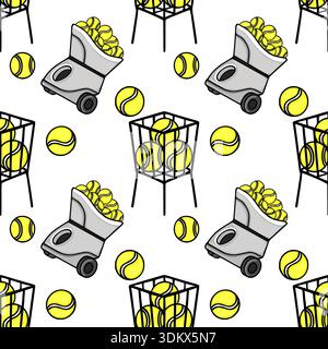 Seamless vector pattern of yellow tennis balls in baskets and ball carts, sports training background Stock Vector