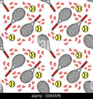 Seamless vector pattern of tennis rackets and balls with scattered hearts Stock Vector