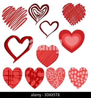 Collection of diverse red heart illustrations with various textures and styles, vector Stock Vector