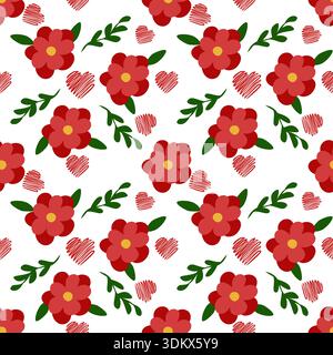 Seamless vector pattern of red flowers and green leaves with sketched hearts, perfect for Valentine's Day. Stock Vector