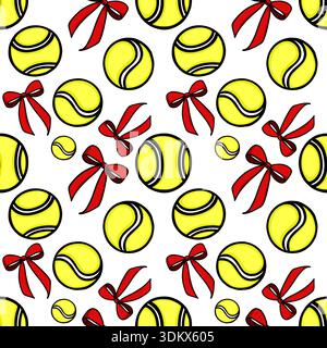 Seamless vector pattern of playful tennis balls and festive red bows on a white background Stock Vector