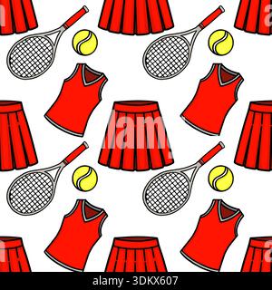 Seamless vector pattern of red tennis skirts, rackets, and balls Stock Vector