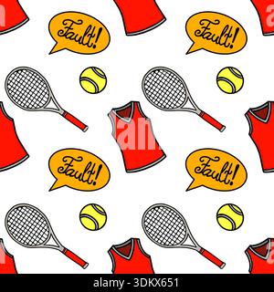 Seamless vector pattern of tennis rackets, balls, and "Fault!" speech bubbles on white background Stock Vector