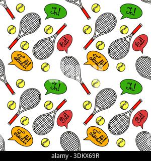 Seamless vector pattern of tennis racquets, balls, and speech bubbles with "In!" and "Fault!" text Stock Vector