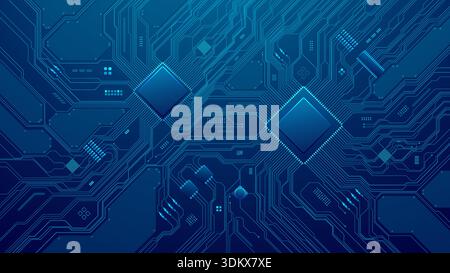 Digital circuit patterns on dark board with illuminated chip network Stock Vector