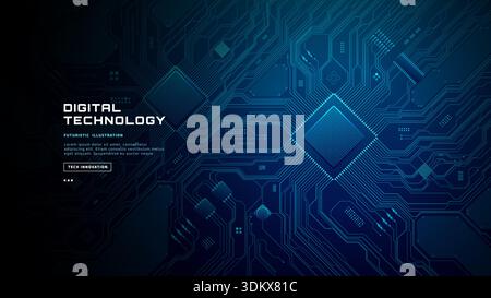 Modern circuit board background with glowing blue chip Stock Vector