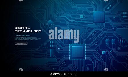 Abstract technological background featuring illuminated microchip Stock Vector
