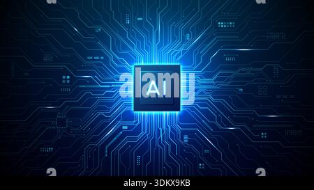 AI chip icon centered on semiconductor circuit board Stock Vector